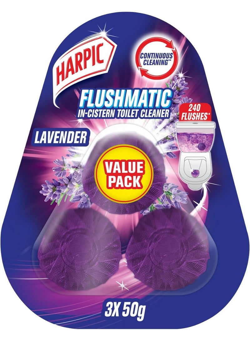Harpic Flushmatic Lavender In-Cistern Toilet Cleaner Value Pack 3x50g - Image 1