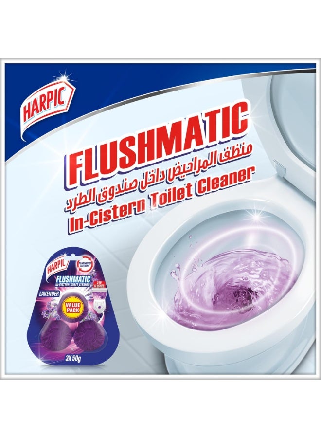 Harpic Flushmatic Lavender In-Cistern Toilet Cleaner Value Pack 3x50g - Image 2