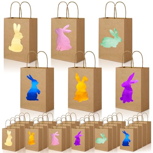 FOGWOWO 24 Pcs 24 Pcs Easter Gift Bags Gold Foil Bunny Gift Bags Easter Bag with Handles Candy Goodie Treat Bags Bunny Bag for Easter Eggs Hunting Party Holiday Wrapping Supplies - Image 1