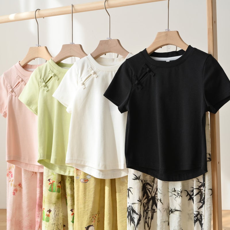 Girls' New Chinese Style National Style Short T-Shirt Irregular Children'S Solid Color Stretch Top Summer Children'S Wear - Image 4