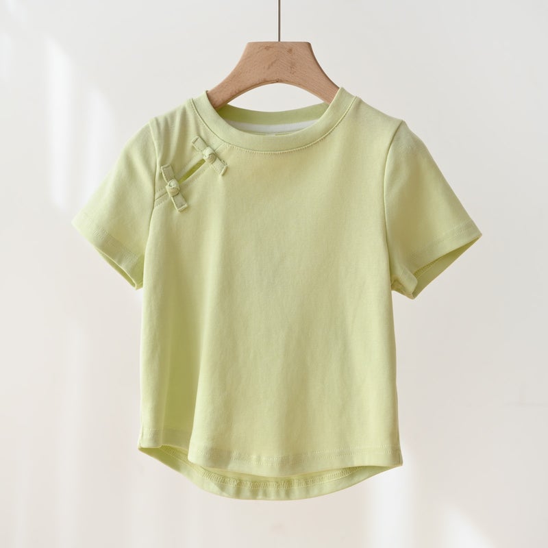 Girls' New Chinese Style National Style Short T-Shirt Irregular Children'S Solid Color Stretch Top Summer Children'S Wear - Image 5