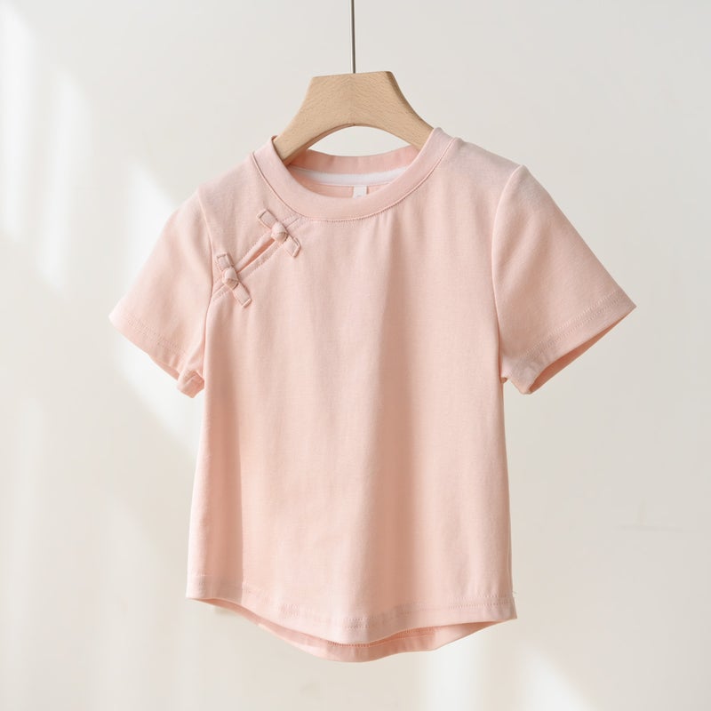 Girls' New Chinese Style National Style Short T-Shirt Irregular Children'S Solid Color Stretch Top Summer Children'S Wear - Image 1