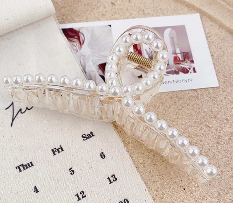 HOMEMATES 1 Pcs Large Pearl Hair Claw White Hair Clips Thick Long Hair Clutches Barrettes Hair Accessories for Women and Girls Thick Hair Claw Clamp Strong Hold (STYLE 2) - Image 1
