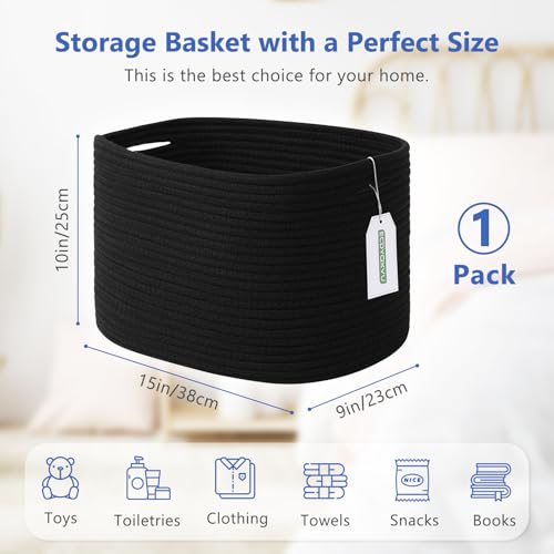 ECDYQXVU Cotton Rope Storage Basket, 15x10x9 Inches, Woven Basket for Shelves, Clothes, Toys, Towels, Books, and Laundry, Durable and Stylish, Black (1 Pack) - Image 3