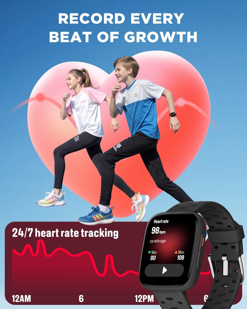 BIGGERFIVE Kids Watch No Phone Needed, 1.8" Amoled Smart Fitness Watch Pedometer, Heart Rate, Sleep Tracker, 30m Waterproof, Step Counter, Puzzle Games, 100+ Dials, Gifts for Boys Girls 5-16, Black - Image 5