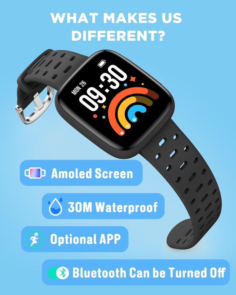 BIGGERFIVE Kids Watch No Phone Needed, 1.8" Amoled Smart Fitness Watch Pedometer, Heart Rate, Sleep Tracker, 30m Waterproof, Step Counter, Puzzle Games, 100+ Dials, Gifts for Boys Girls 5-16, Black - Image 2