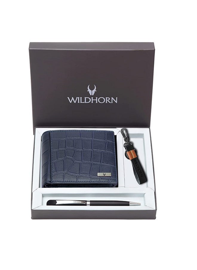 وايلدهورن سلة هدايا WildHorn للرجال - مجموعة هدايا مكونة من محفظة جلدية وسلسلة مفاتيح وقلم - هدية للصديق والحبيب والزوج والأب والابن وما إلى ذلك (أزرق Cr M)  - Image 2
