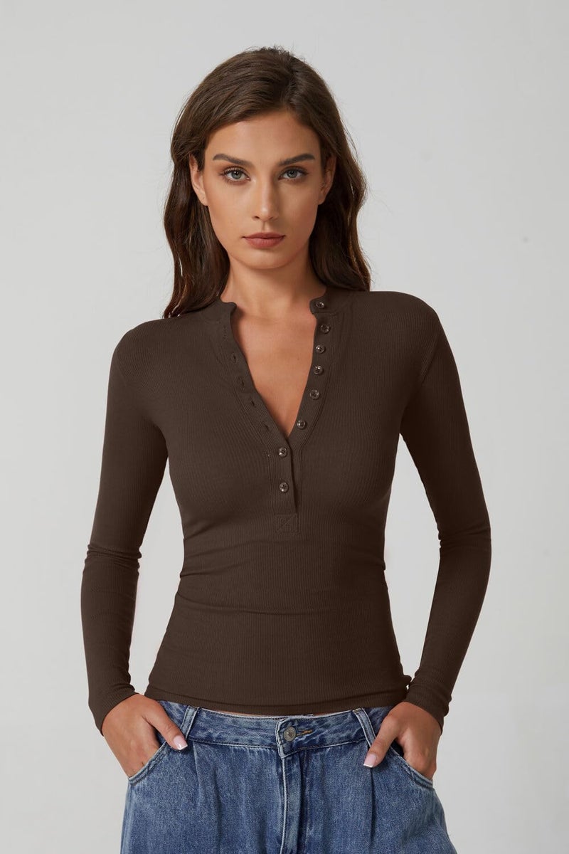 QINSEN Long Sleeve Shirts for Women Henley Button Down Tops Ribbed Knit Slim Fit Fall Basic Tee Brown XL - Image 5