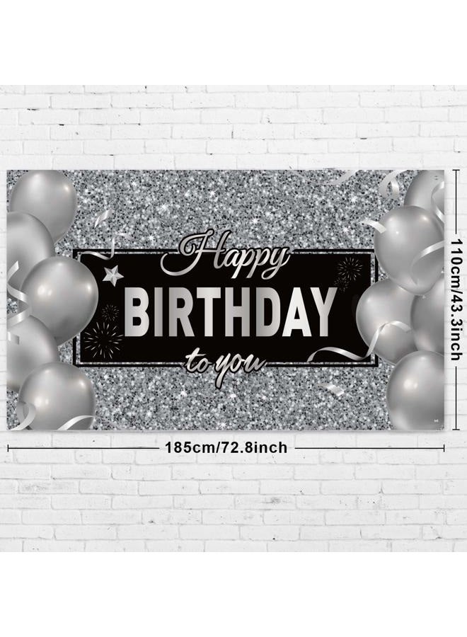 Sumind Happy Birthday Backdrop Banner, Black White Balloons Silver Happy Birthday Backdrop Background Photo Photography Banner for Men Women Birthday Anniversary Party Decorations Supplies,72.8 x 43.3 Inch - Image 2