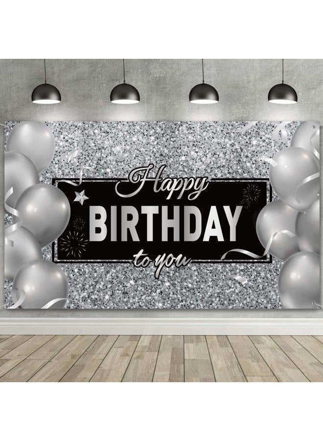 Sumind Happy Birthday Backdrop Banner, Black White Balloons Silver Happy Birthday Backdrop Background Photo Photography Banner for Men Women Birthday Anniversary Party Decorations Supplies,72.8 x 43.3 Inch - Image 1