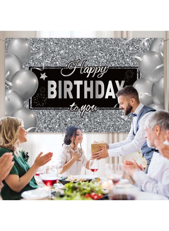Sumind Happy Birthday Backdrop Banner, Black White Balloons Silver Happy Birthday Backdrop Background Photo Photography Banner for Men Women Birthday Anniversary Party Decorations Supplies,72.8 x 43.3 Inch - Image 3