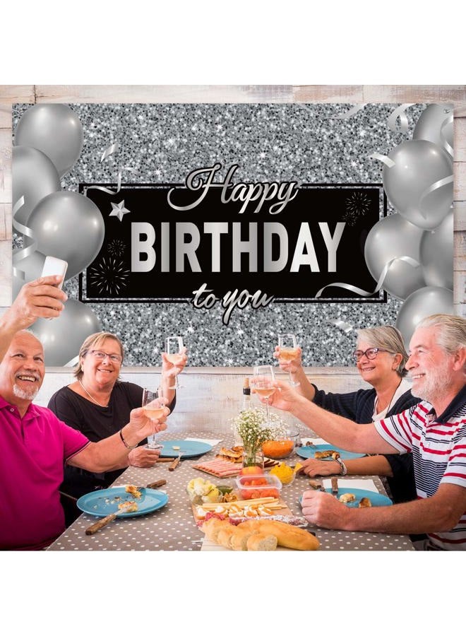 Sumind Happy Birthday Backdrop Banner, Black White Balloons Silver Happy Birthday Backdrop Background Photo Photography Banner for Men Women Birthday Anniversary Party Decorations Supplies,72.8 x 43.3 Inch - Image 4