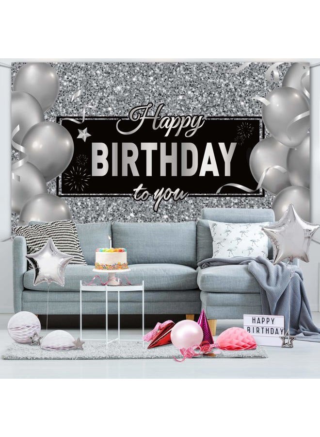Sumind Happy Birthday Backdrop Banner, Black White Balloons Silver Happy Birthday Backdrop Background Photo Photography Banner for Men Women Birthday Anniversary Party Decorations Supplies,72.8 x 43.3 Inch - Image 5