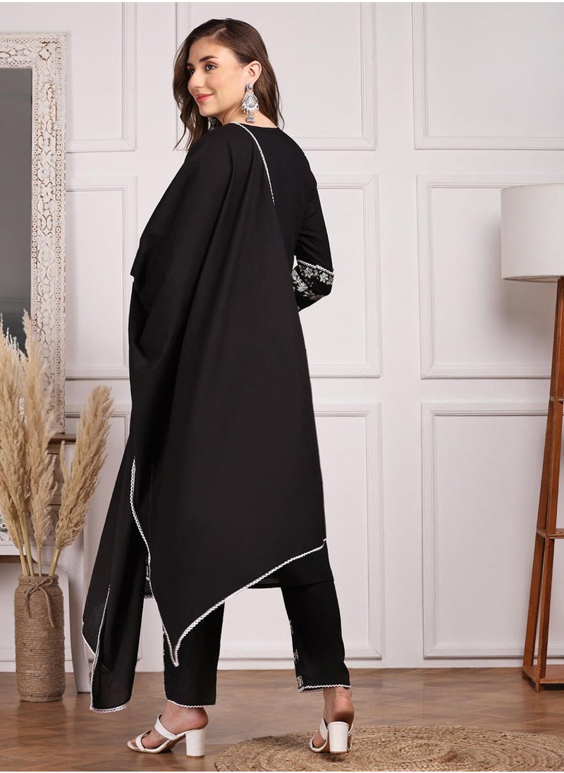 ISHIN Straight Fit Yoke Design Pattern Round Neck Three-Quarter Sleeves Black Colour Knitted Cotton Kurta Set for Women with Semi Elastic Closure - Perfect for your Festive Celebrations  - Image 2