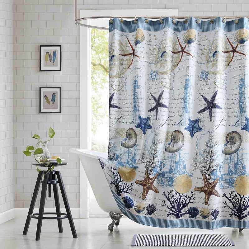 BESTRIPES Under The Sea Shower Curtain, Coastal Beach Nautical Ocean Themed Waterproof Polyester Fabric Bathroom Curtain with Seashells, Starfish, Coral, Lighthouse & Sailboat, 72" W x 72" H - Image 1