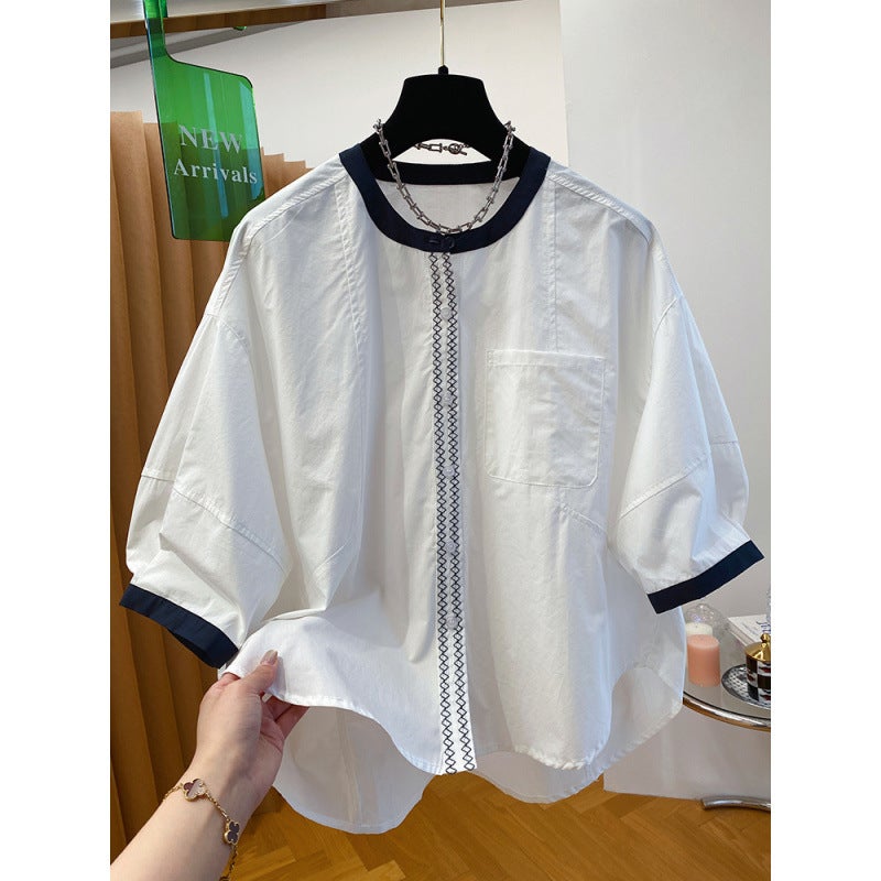 White Round Neck Shirt Women'S Short-Sleeved Loose Work Clothing Cotton Five-Quarter Sleeve Mid-Sleeve Baby Doll Top For Women - Image 5