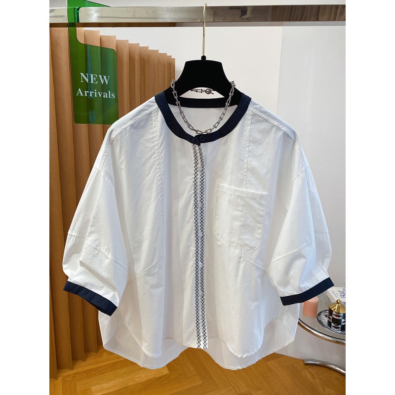 White Round Neck Shirt Women'S Short-Sleeved Loose Work Clothing Cotton Five-Quarter Sleeve Mid-Sleeve Baby Doll Top For Women - Image 3