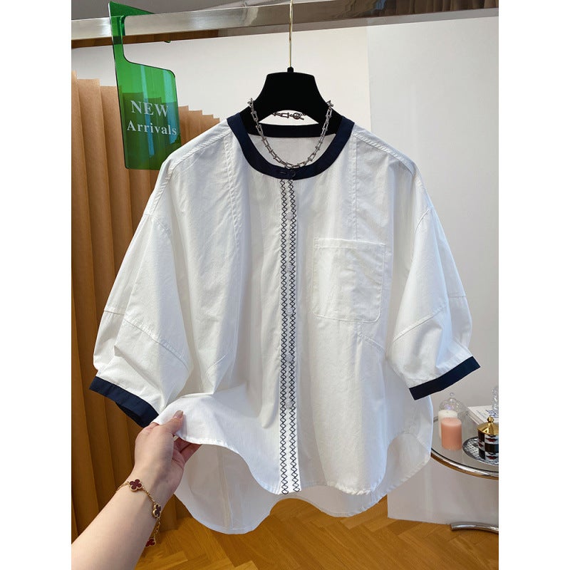 White Round Neck Shirt Women'S Short-Sleeved Loose Work Clothing Cotton Five-Quarter Sleeve Mid-Sleeve Baby Doll Top For Women - Image 4
