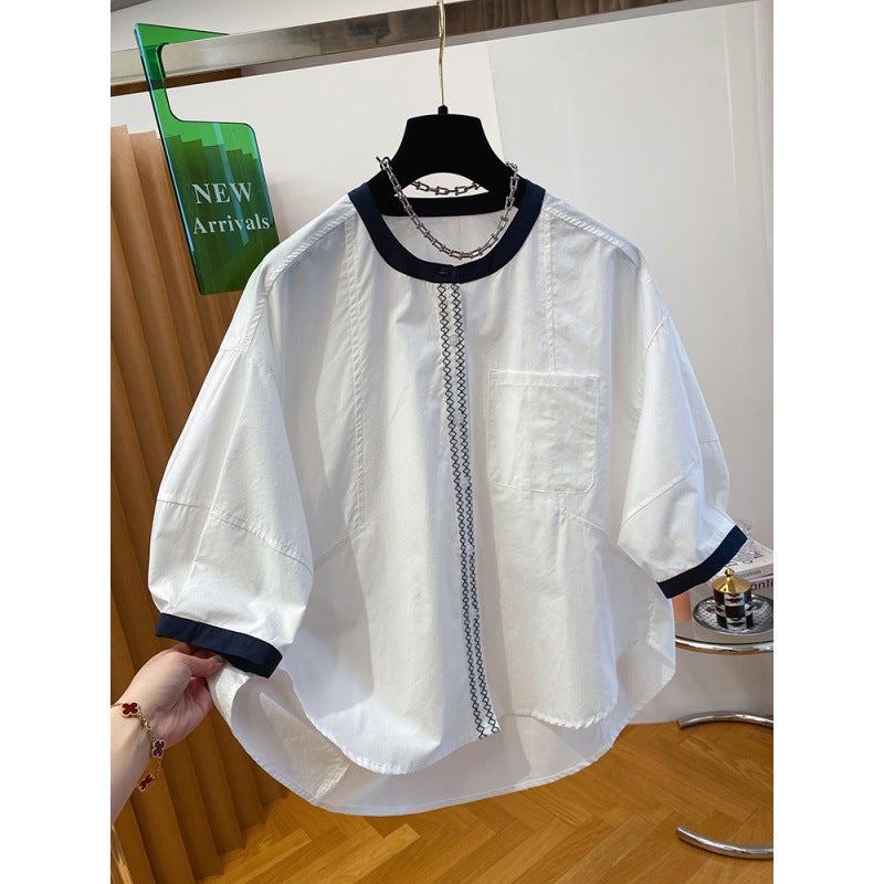 White Round Neck Shirt Women'S Short-Sleeved Loose Work Clothing Cotton Five-Quarter Sleeve Mid-Sleeve Baby Doll Top For Women - Image 2
