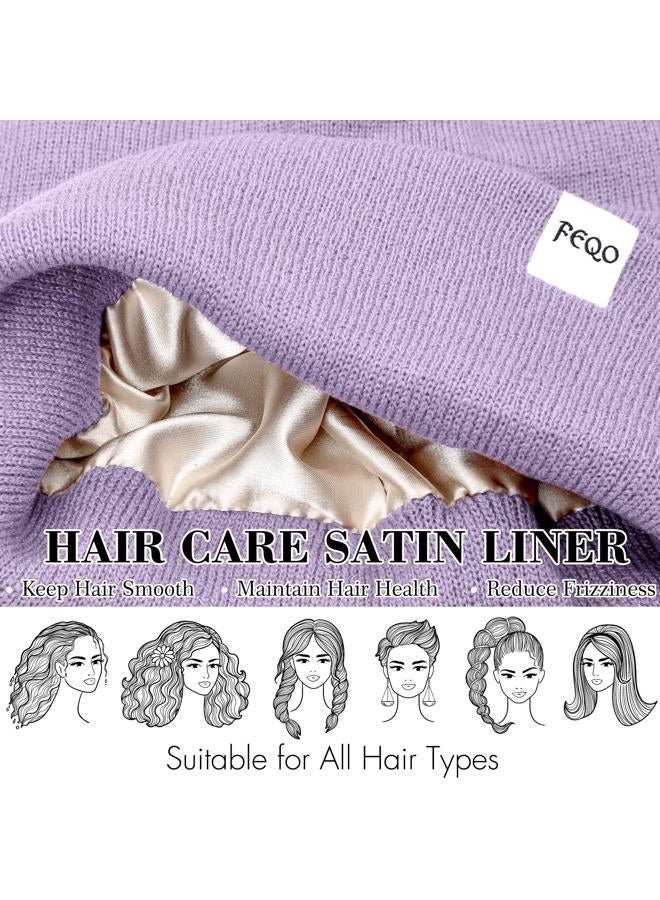 FEQO 4 Pack Satin Lined Beanie Hats Soft Silk Lined Beanies Knit Warm Cuffed Hats for Women Men, Black, White, Light Gray, Lavender Purple, One size - Image 2