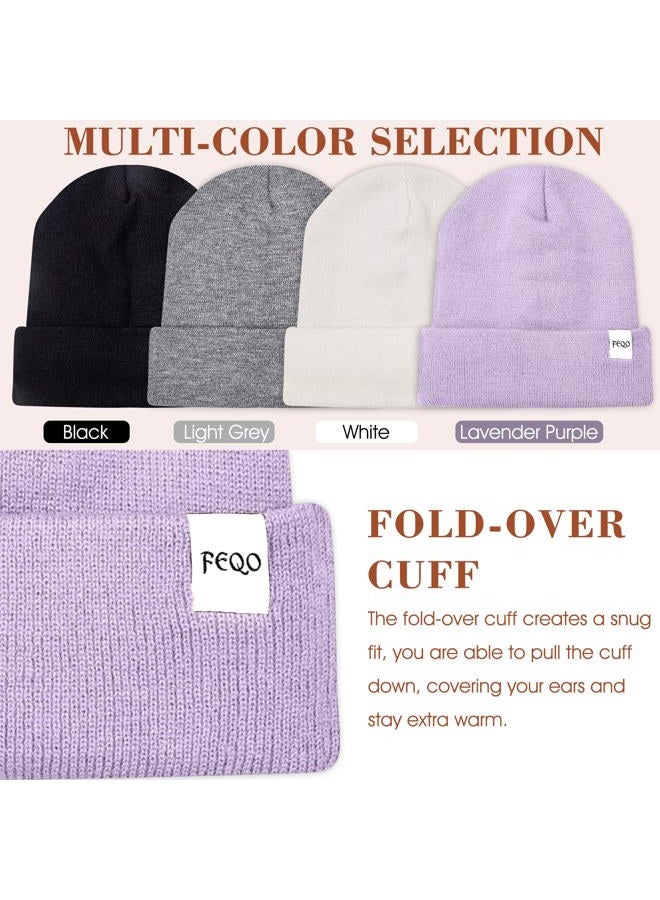 FEQO 4 Pack Satin Lined Beanie Hats Soft Silk Lined Beanies Knit Warm Cuffed Hats for Women Men, Black, White, Light Gray, Lavender Purple, One size - Image 5