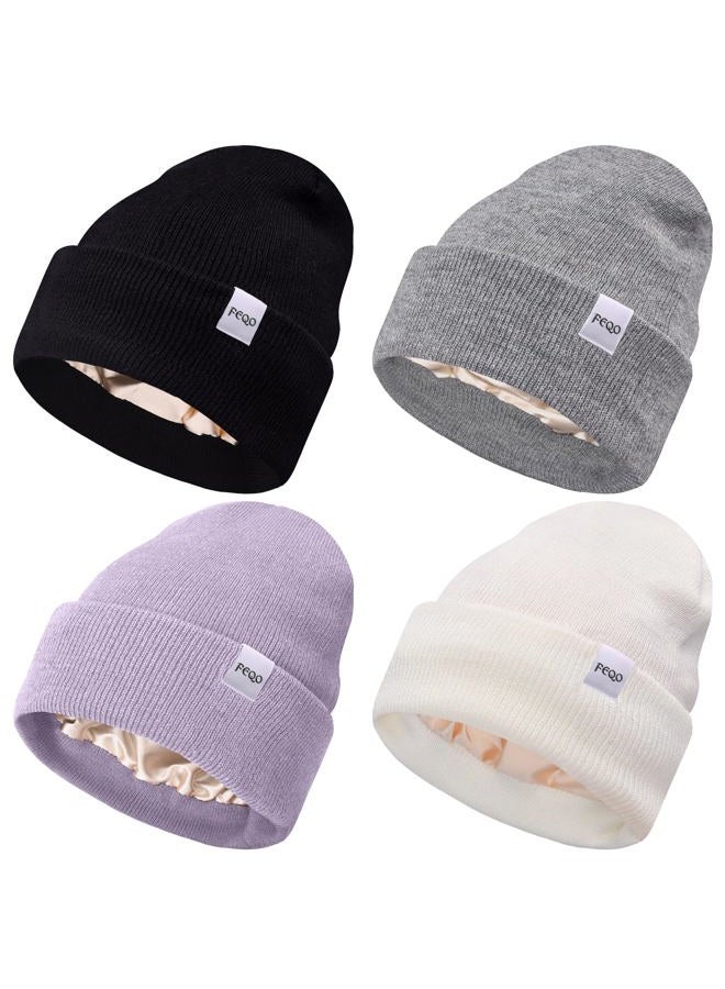 FEQO 4 Pack Satin Lined Beanie Hats Soft Silk Lined Beanies Knit Warm Cuffed Hats for Women Men, Black, White, Light Gray, Lavender Purple, One size - Image 1