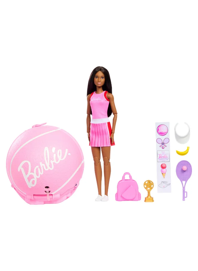 Barbie Team Barbie Roll and Reveal Tennis Player Doll and Accessories with Brunette Fashion Doll & 8 Surprises and a Tennis Ball Encasement