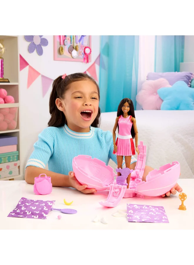 Barbie Team Barbie Roll and Reveal Tennis Player Doll and Accessories with Brunette Fashion Doll & 8 Surprises and a Tennis Ball Encasement