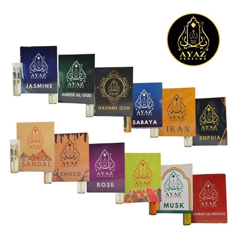 Ayaz Combo Pack of 12 Attar Perfume Oils 1ml Each Jasmine Ameer Al Oud Hashmi Oud Jannat Ul Firdous Sabaya Sandal Rose Choco Musk More LongLasting AlcoholFree Fragrance - Image 2