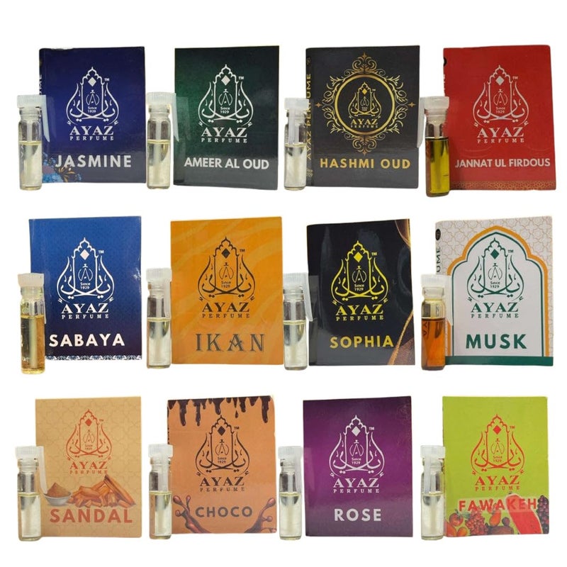 Ayaz Combo Pack of 12 Attar Perfume Oils 1ml Each Jasmine Ameer Al Oud Hashmi Oud Jannat Ul Firdous Sabaya Sandal Rose Choco Musk More LongLasting AlcoholFree Fragrance - Image 1