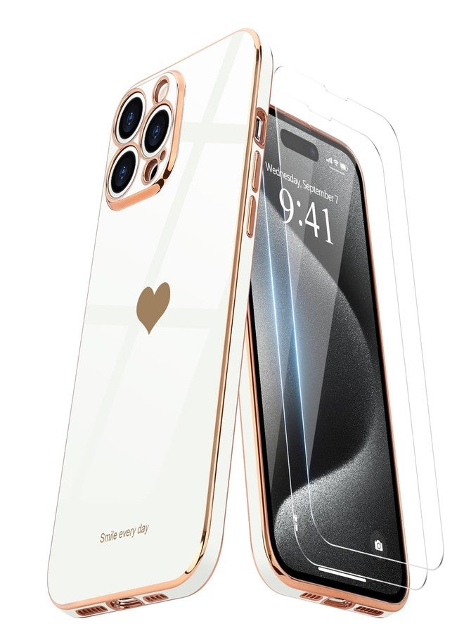 Teageo جراب Teageo لهاتف iPhone 15 Pro Max مع واقيين للشاشة بنمط قلب، للنساء والفتيات، مطلي بطبقة لامعة فاخرة، مصنوع من مادة TPU الناعمة، مقاوم للخدوش والصدمات، جراب هاتف أبيض لهاتف iPhone 15 Pro Max - Image 1