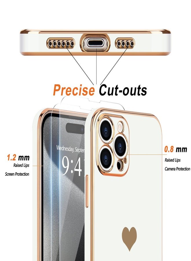Teageo جراب Teageo لهاتف iPhone 15 Pro Max مع واقيين للشاشة بنمط قلب، للنساء والفتيات، مطلي بطبقة لامعة فاخرة، مصنوع من مادة TPU الناعمة، مقاوم للخدوش والصدمات، جراب هاتف أبيض لهاتف iPhone 15 Pro Max - Image 3