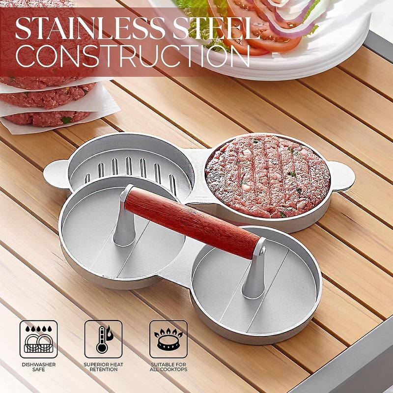 AZRMOH Double Burger Press Burger Patty Maker Grill Double Stuffed Burger Press Burger Tikki Mould with Wooden Handle Round Shape Hamburger Press Patty Maker for Home - Image 2