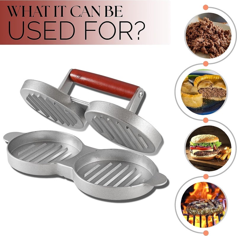 AZRMOH Double Burger Press Burger Patty Maker Grill Double Stuffed Burger Press Burger Tikki Mould with Wooden Handle Round Shape Hamburger Press Patty Maker for Home - Image 4