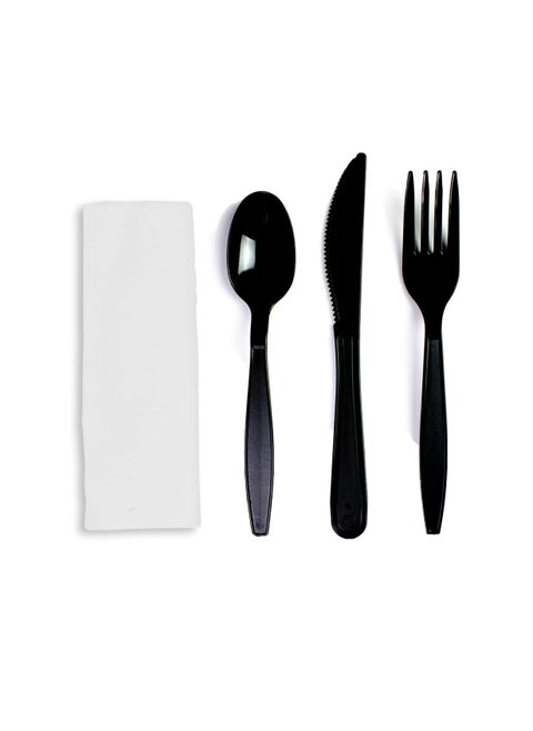 50 PCS Black Plastic Cutlery Set Spoons Knives Forks Napkins Set Disposable Cutlery Set Individually Wrapped Plastic Cutlery Disposable Spoons Disposable Fork Plastic Spoon Heavy Duty Plastic Utensils