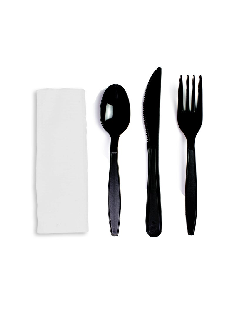 HYFY - 50 PCS Black Plastic Cutlery Set Spoons Knives Forks Napkins Set Disposable Cutlery Set Individually Wrapped Plastic Cutlery Disposable Spoons Disposable Fork Plastic Spoon Heavy Duty Plastic Utensils - Image 1