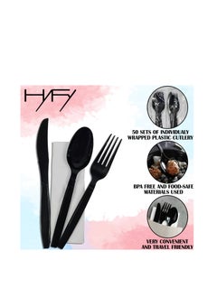 HYFY 50 PCS Black Plastic Cutlery Set Spoons Knives Forks Napkins Set Disposable Cutlery Set Individually Wrapped Plastic Cutlery Disposable Spoons Disposable Fork Plastic Spoon Heavy Duty Plastic Utensils  - Image 2