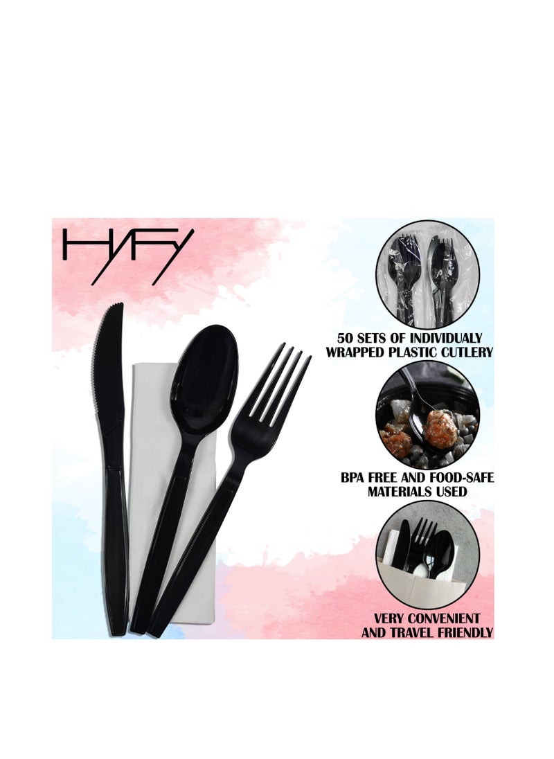 HYFY - 50 PCS Black Plastic Cutlery Set Spoons Knives Forks Napkins Set Disposable Cutlery Set Individually Wrapped Plastic Cutlery Disposable Spoons Disposable Fork Plastic Spoon Heavy Duty Plastic Utensils - Image 1