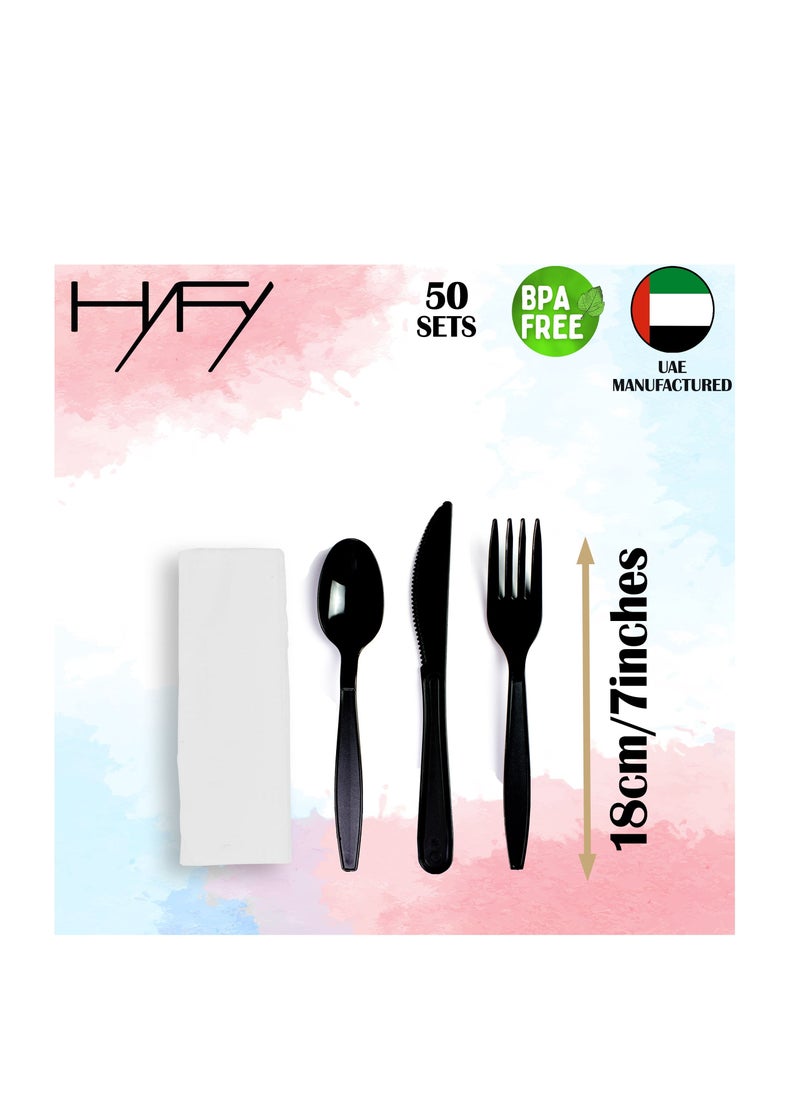 HYFY - 50 PCS Black Plastic Cutlery Set Spoons Knives Forks Napkins Set Disposable Cutlery Set Individually Wrapped Plastic Cutlery Disposable Spoons Disposable Fork Plastic Spoon Heavy Duty Plastic Utensils - Image 1