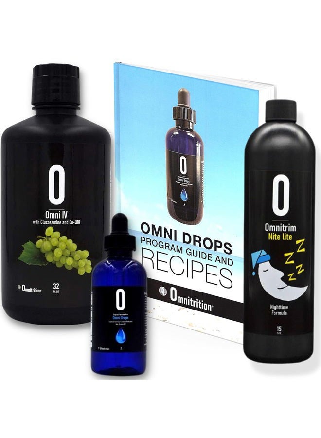 Omnitrition Omni Drop Program Bundle of 3 Products - the "Get Started Package" Includes Omni Drops Diet Drops with Vitamin B12 - 4 Ounce Bottle with Program Guide, Omni IV with Glucosamine, OmniTrim Nite Lite  - Image 1