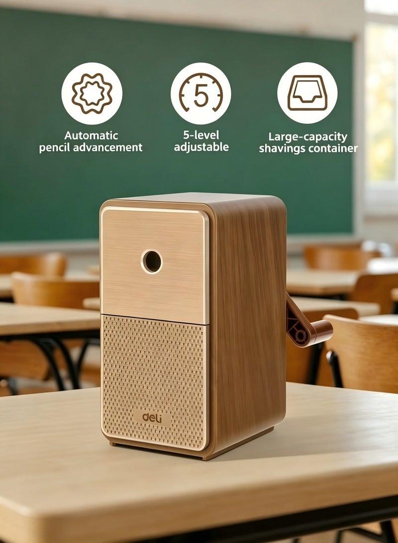 Deli Manual Pencil Sharpener - Auto-in Hand Crank with Adjustable Point, Stronger Helical Blade to Fast Sharpen, Home and Office, Brown - Image 1