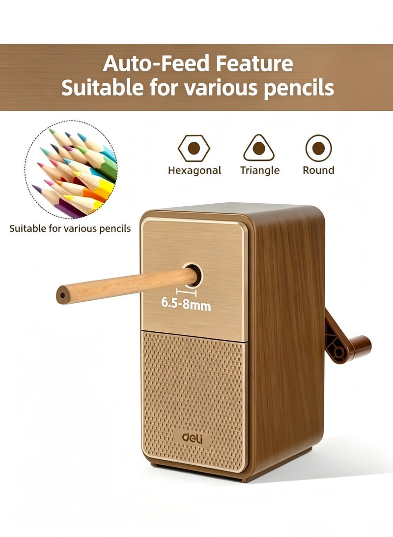 Deli Manual Pencil Sharpener - Auto-in Hand Crank with Adjustable Point, Stronger Helical Blade to Fast Sharpen, Home and Office, Brown - Image 3