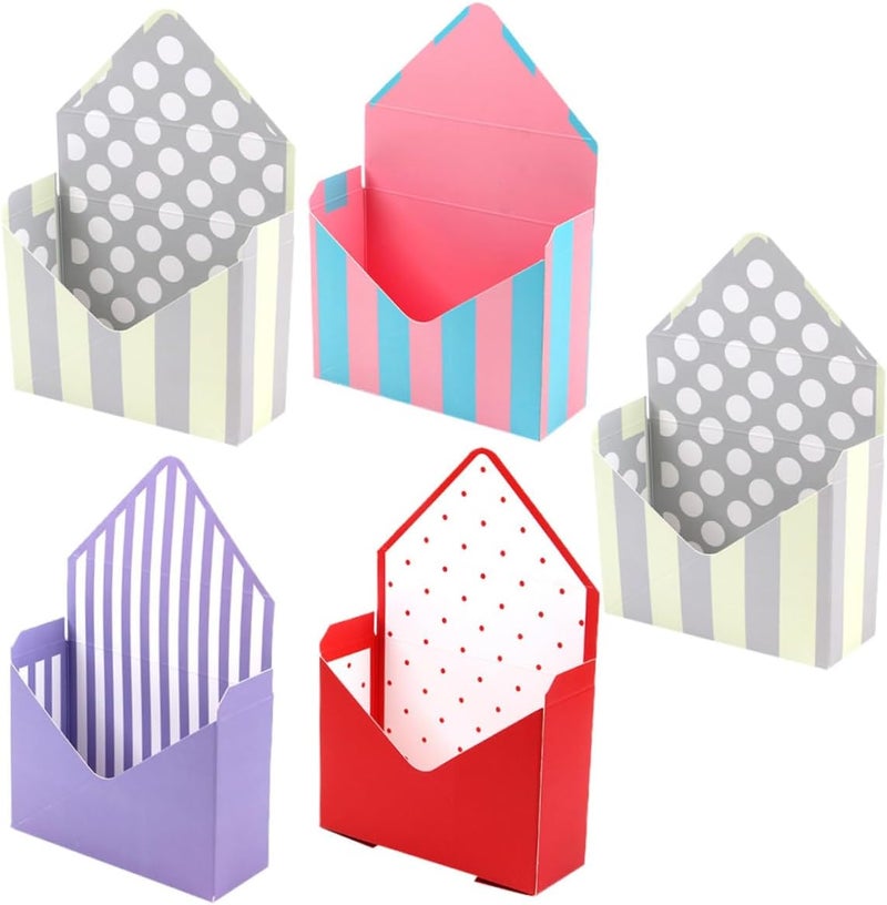 WOONEKY Envelope Flower Boxes 5pcs Set with Mixed Crimson Dot, Beige Dot, Purple and Pink Blue Stripes Paper Packing Boxes for Floral Wrapping and Store Display - Image 1