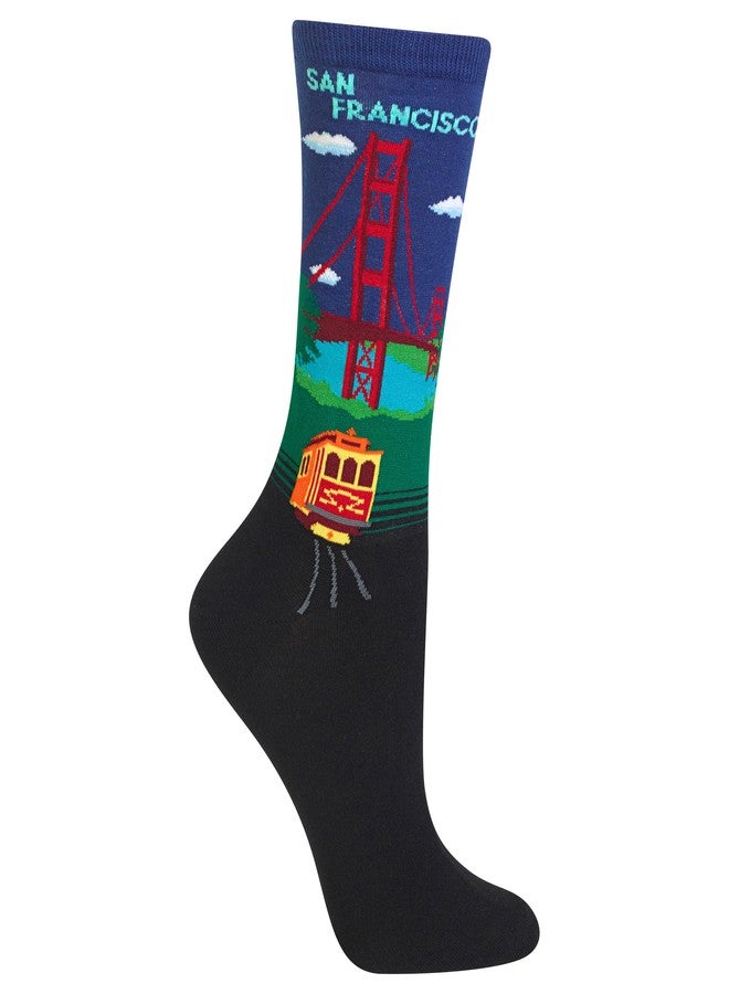Hot Sox womens Travel Series Novelty Fashion Casual Crew Socks Hosiery, Golden Gate Bridge (Dark Blue), 4 10 US - Image 1