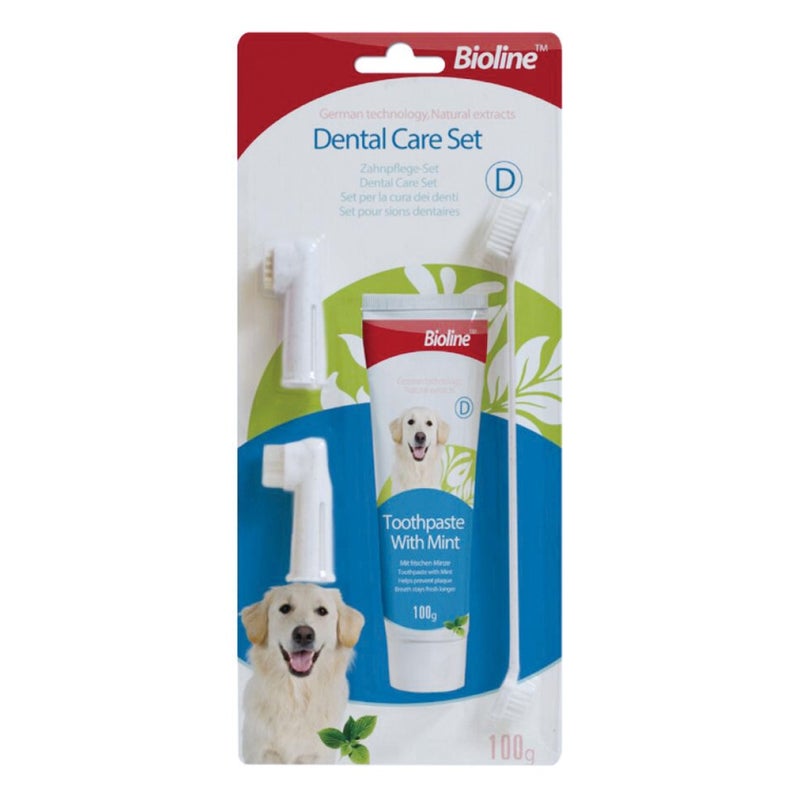 Bioline Dental Care Set for Dogs 100g – Mint Flavor Pet Dental Care Kit | Helps Support Oral Hygiene, Fresh Breath & Healthy Teeth