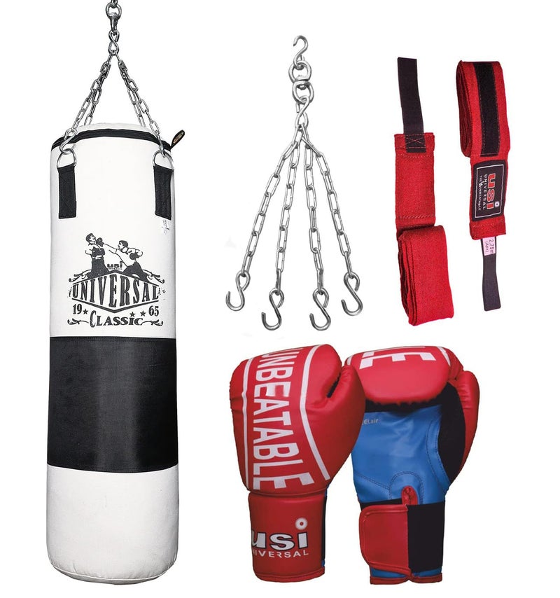 USI UNIVERSAL Boxing Kit With 626C Tough Canvas Unfilled 90cm Boxing Punching Bag, Boxing Gloves, 1 Pair Hand Wraps (108") & 4-Legs Hanging Chain for Boxing Martial Art Kickboxing Training - Image 1