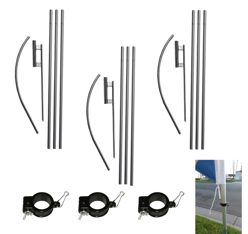 FFN 14ft Swooper Flutter Flag Hardware. Three 4-Piece Telescopic Flagpole Pole Kits with Ground Stakes (Black Clips Included). Banner Flag Sign Hardware - Image 1