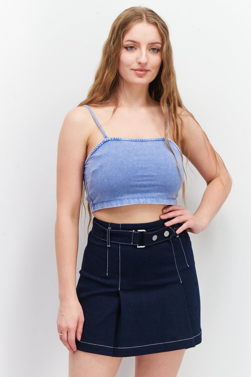 CHELSEA PEERS Women Square Neck Sleeveless Solid Crop Top, Blue - Image 1