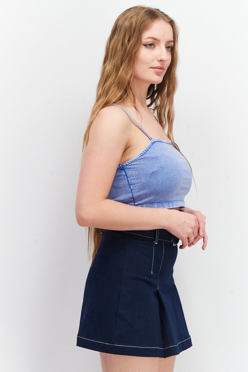 CHELSEA PEERS Women Square Neck Sleeveless Solid Crop Top, Blue - Image 3