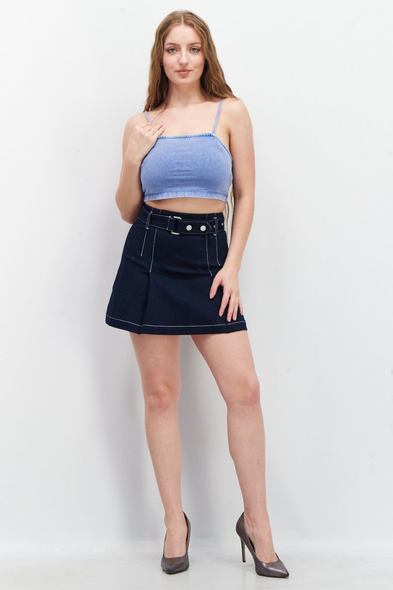 CHELSEA PEERS Women Square Neck Sleeveless Solid Crop Top, Blue - Image 2